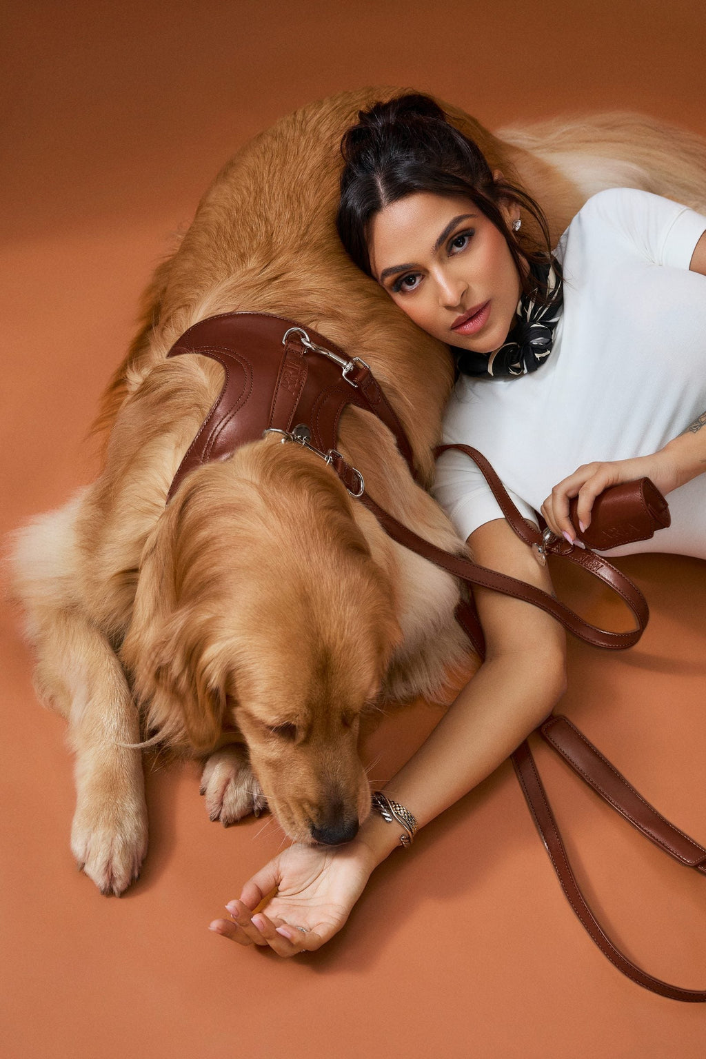 Guia ARIA na cor marrom em uso, com o cachorro deitado ao lado da tutora