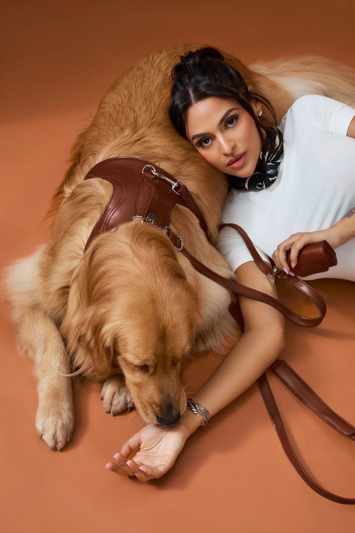 Guia ARIA na cor marrom em uso, com o cachorro deitado ao lado da tutora